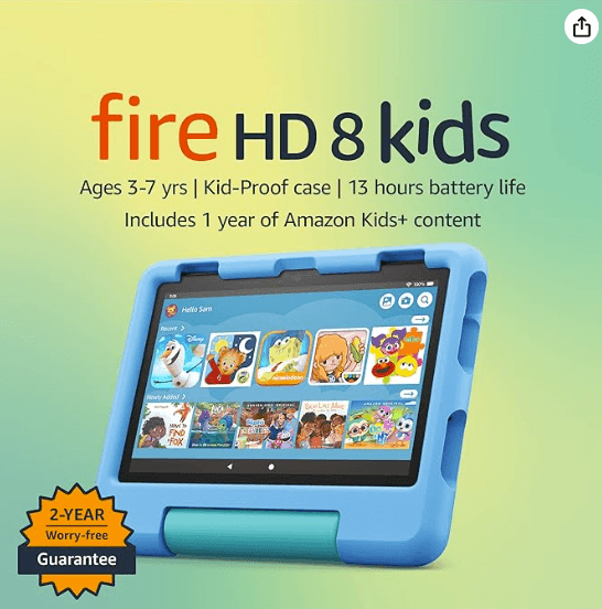 Amazon Fire HD 8 Kids tablet, ages 3-7. Top-selling 8" kids tablet on Amazon - 2022. Ad-free content with parental controls included, 13-hr battery, 64 GB, Blue